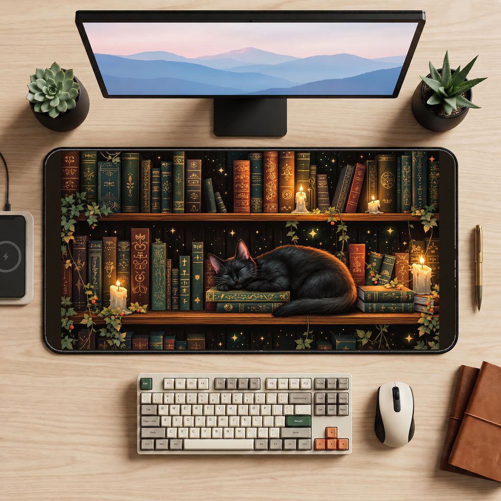 Sleeping Black Cat Bookshelf desk mat — product mockup 2