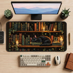Sleeping Black Cat Bookshelf desk mat — product mockup 2