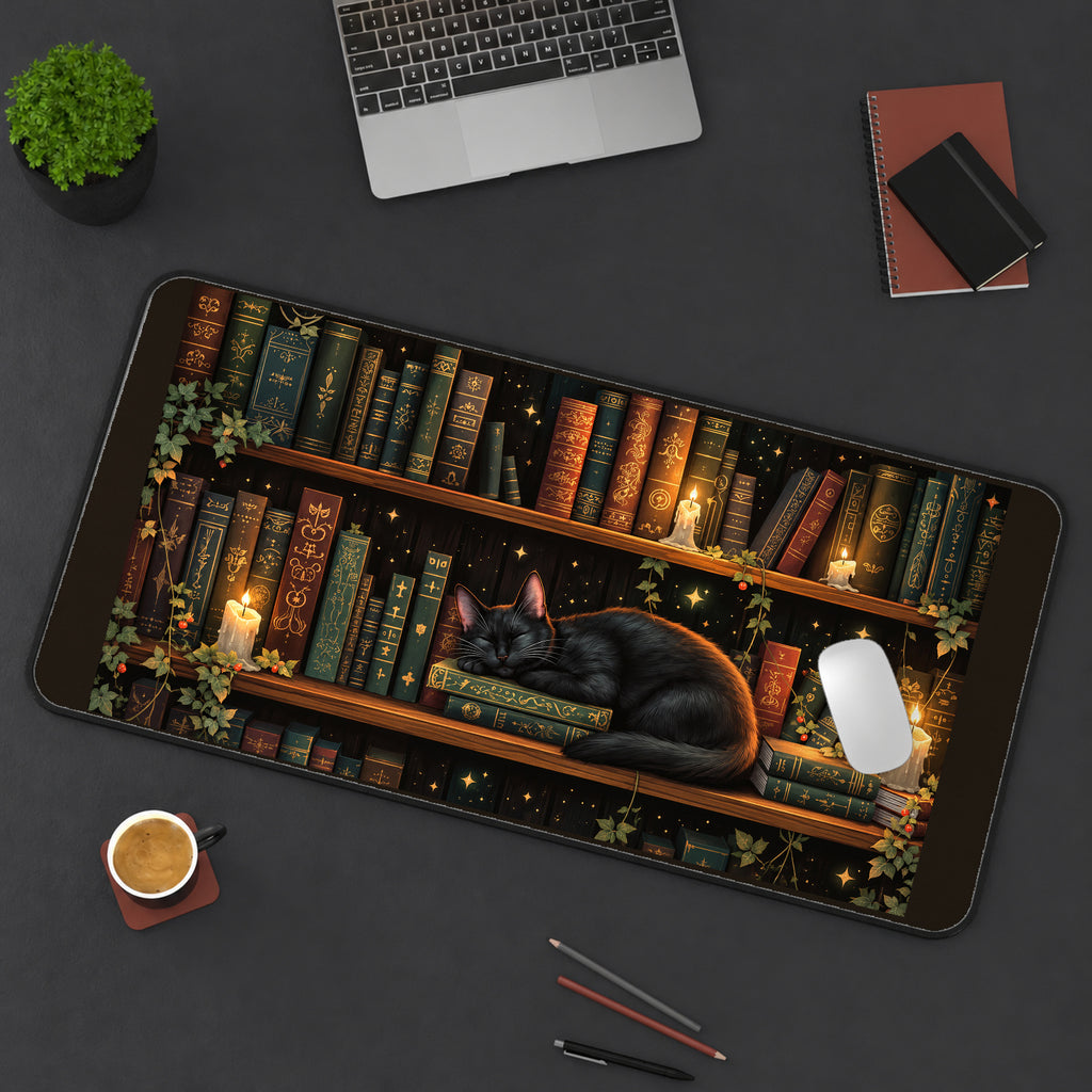 Sleeping Black Cat Bookshelf desk mat — product mockup 3