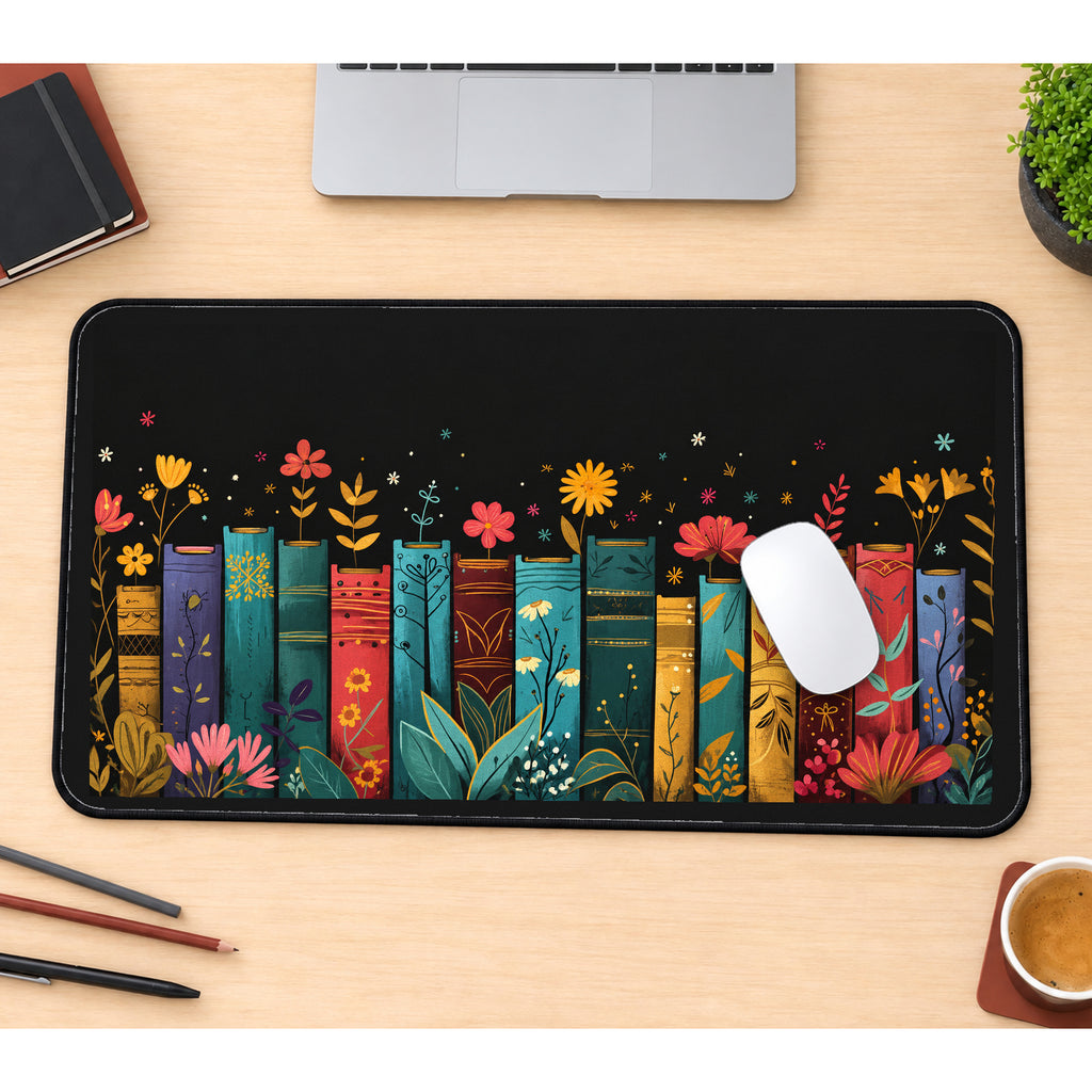 Colorful Flowering Book Spines desk mat — product mockup 1