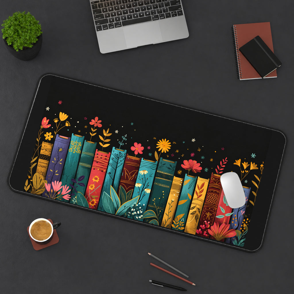 Colorful Flowering Book Spines desk mat — product mockup 3