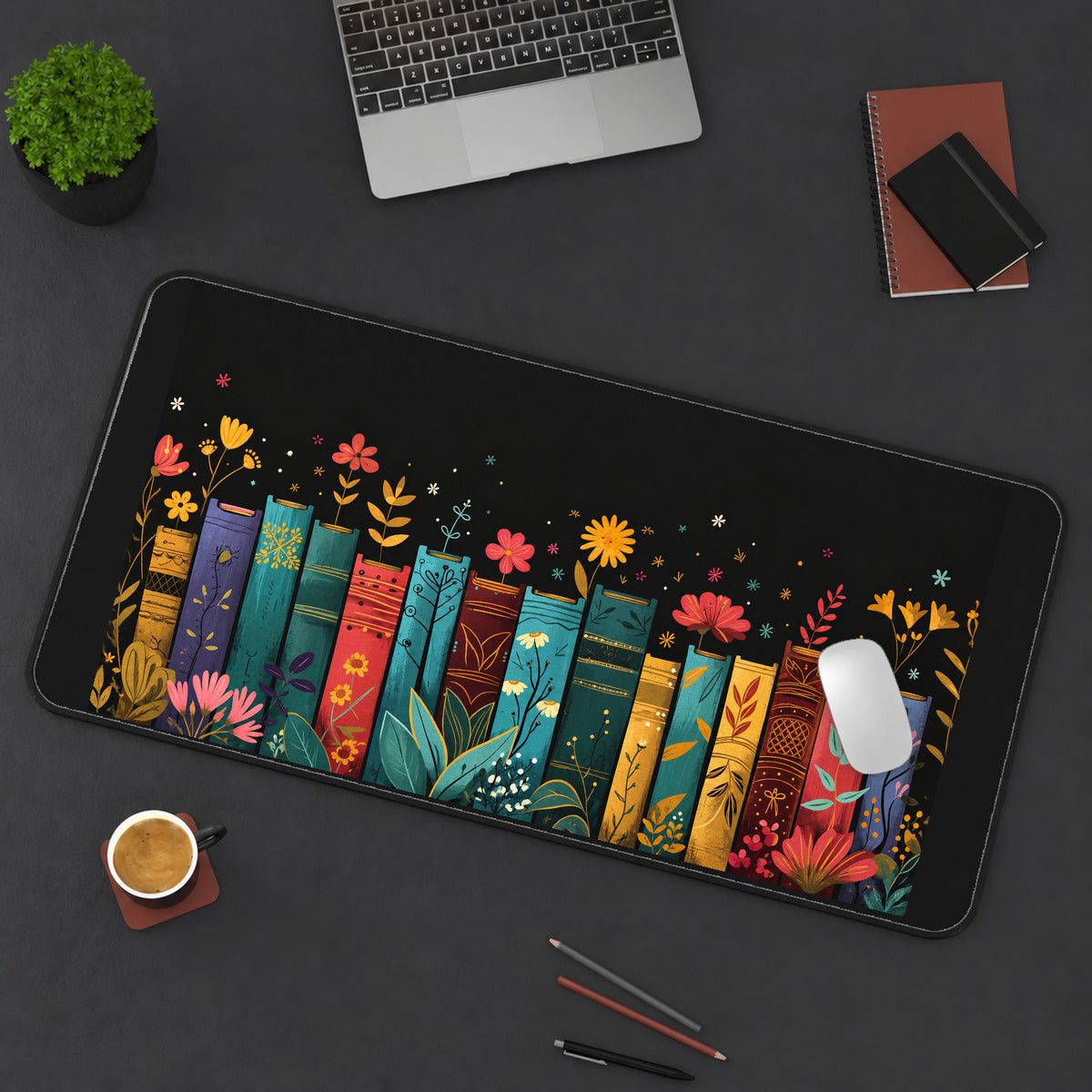 Colorful Flowering Book Spines desk mat — product mockup 3