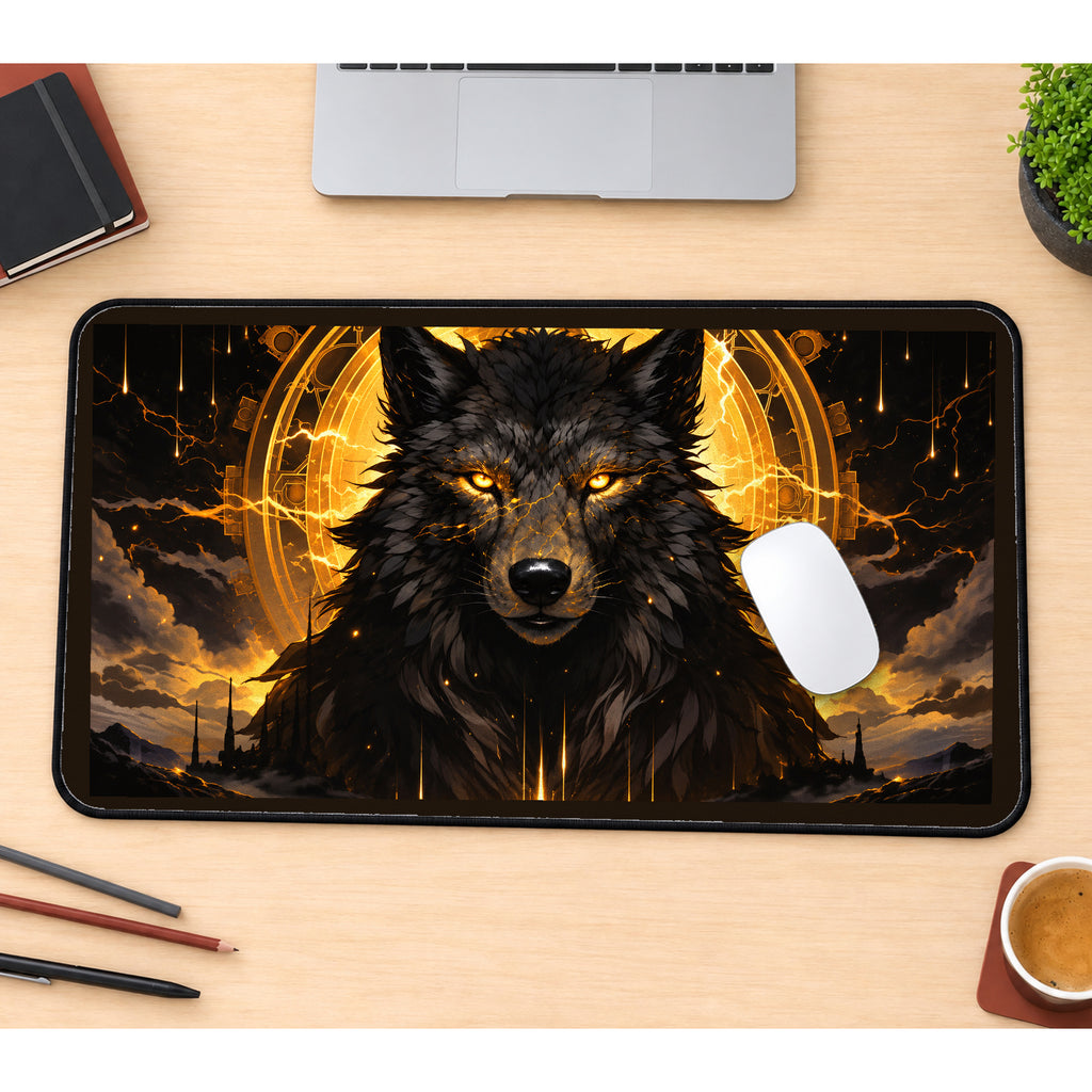 Dark Wolf with Golden Halo desk mat — product mockup 1