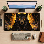 Dark Wolf with Golden Halo desk mat — product mockup 2