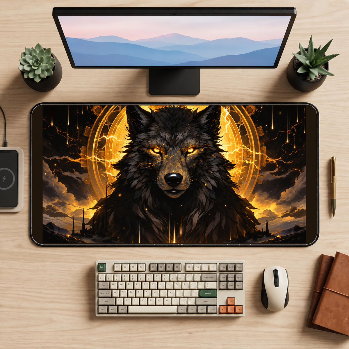Dark Wolf with Golden Halo desk mat — product mockup 2