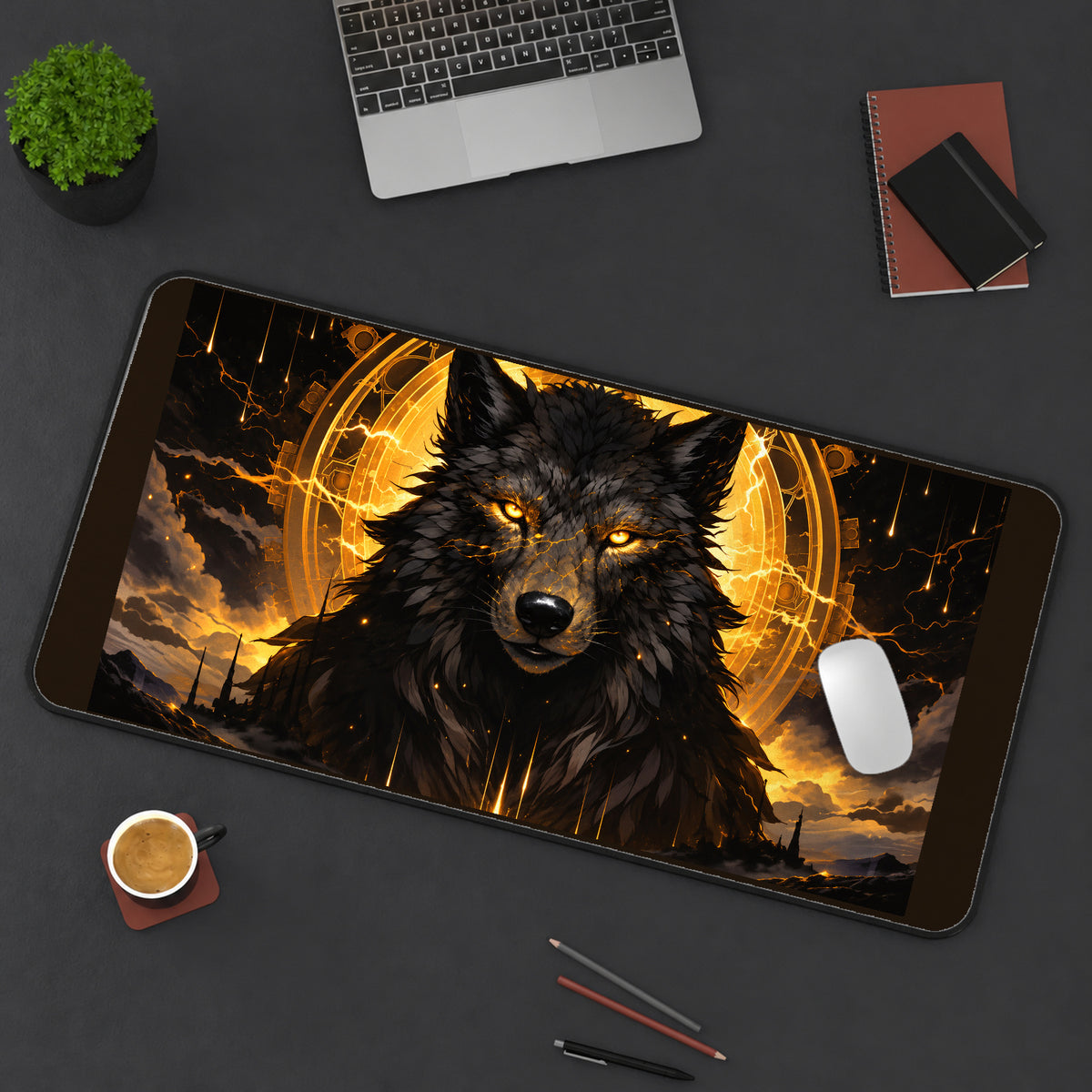Dark Wolf with Golden Halo desk mat — product mockup 3