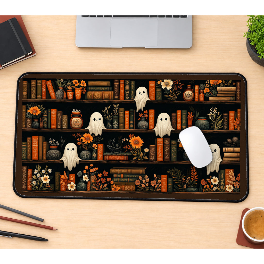 Autumn Ghost Reading Shelves desk mat — product mockup 1