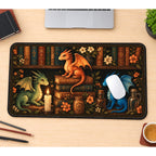 Colorful Dragons in a Library desk mat — product mockup 1