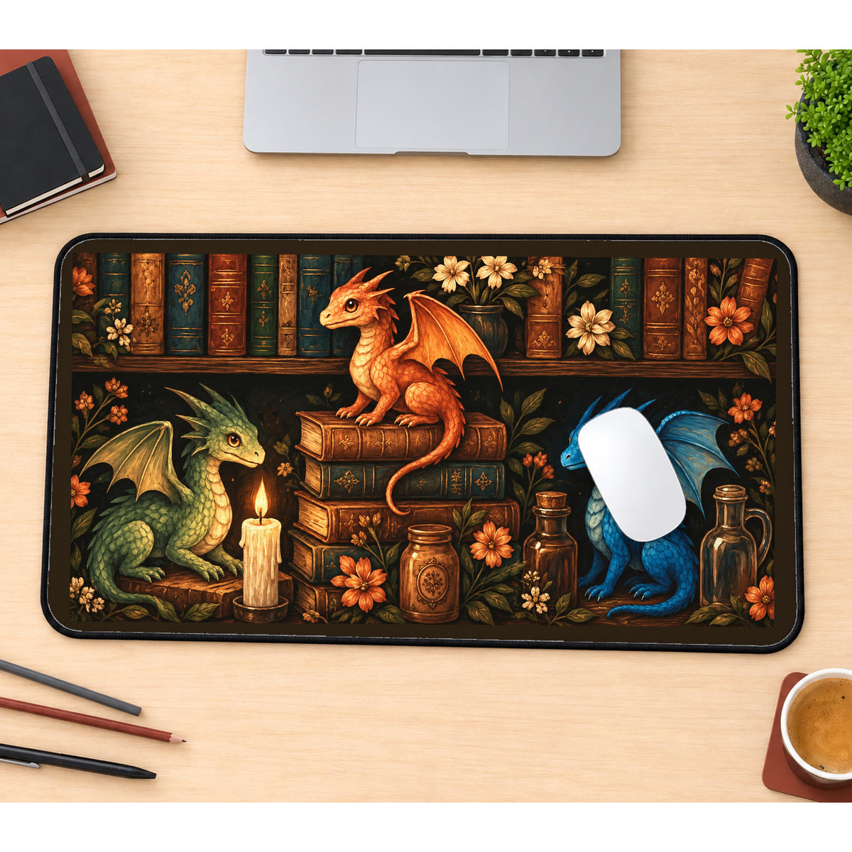 Colorful Dragons in a Library desk mat — product mockup 1