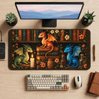 Colorful Dragons in a Library desk mat — product mockup 2