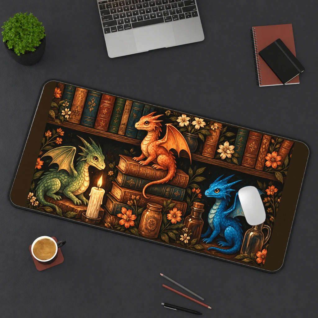 Colorful Dragons in a Library desk mat — product mockup 3