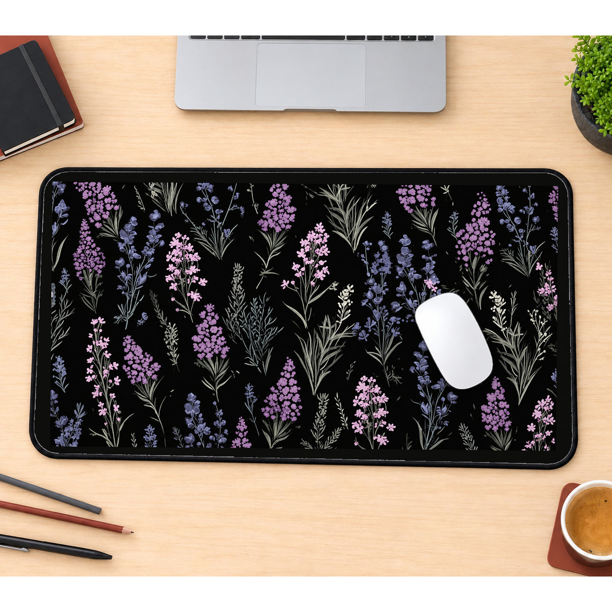 Lavender Stems on Black desk mat — product mockup 1