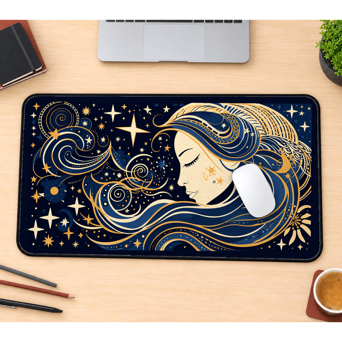 Celestial Woman in Gold Line Art desk mat — product mockup 1