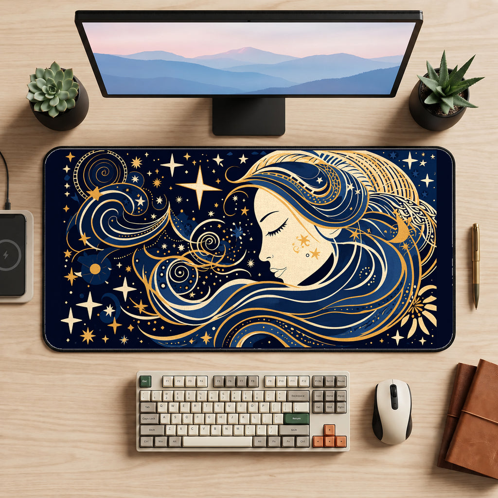 Celestial Woman in Gold Line Art desk mat — product mockup 2