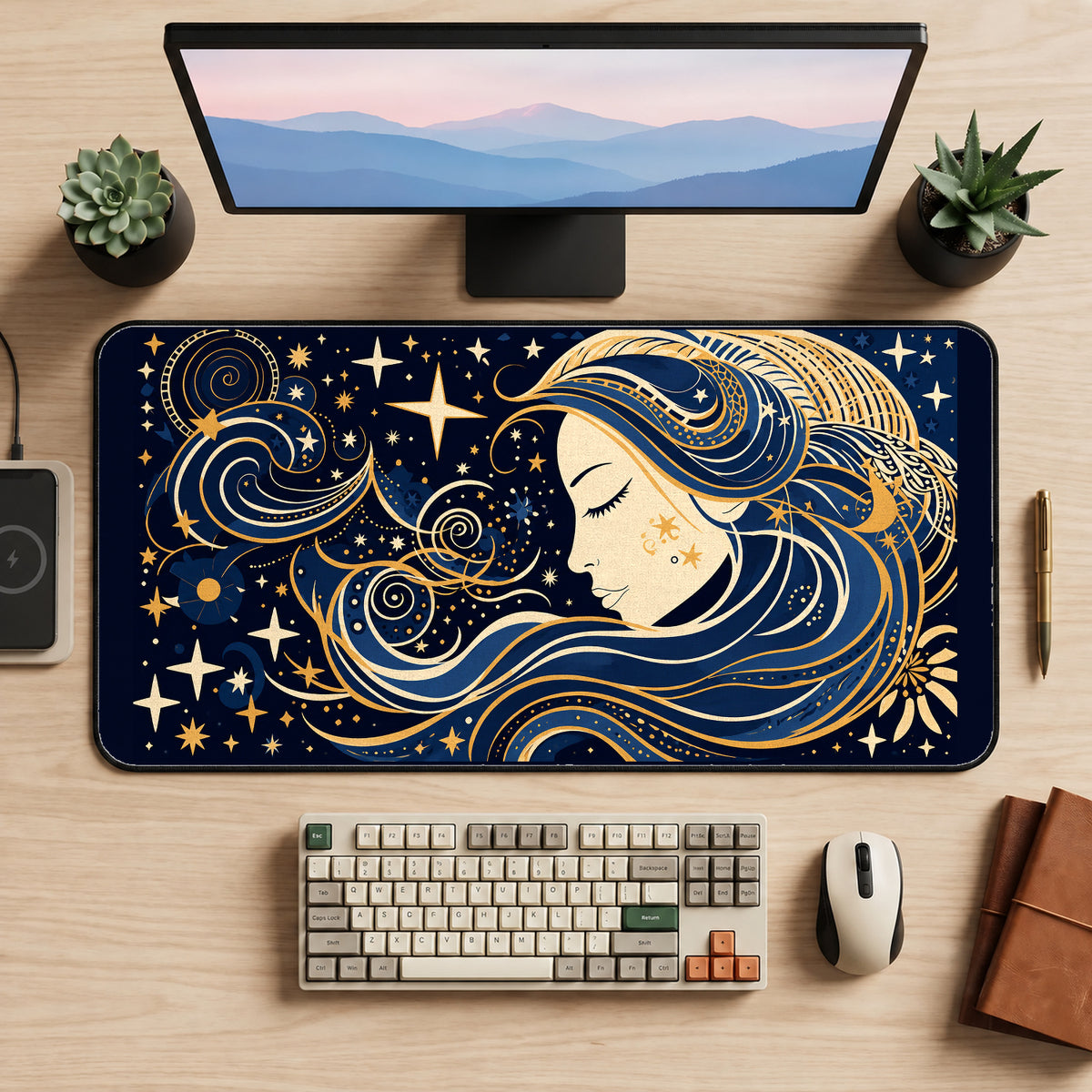 Celestial Woman in Gold Line Art desk mat — product mockup 2