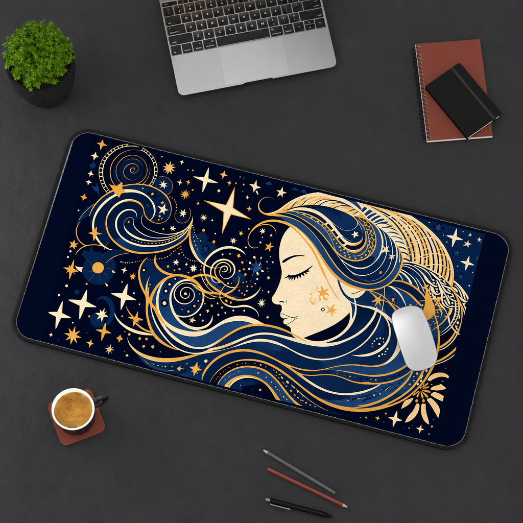 Celestial Woman in Gold Line Art desk mat — product mockup 3