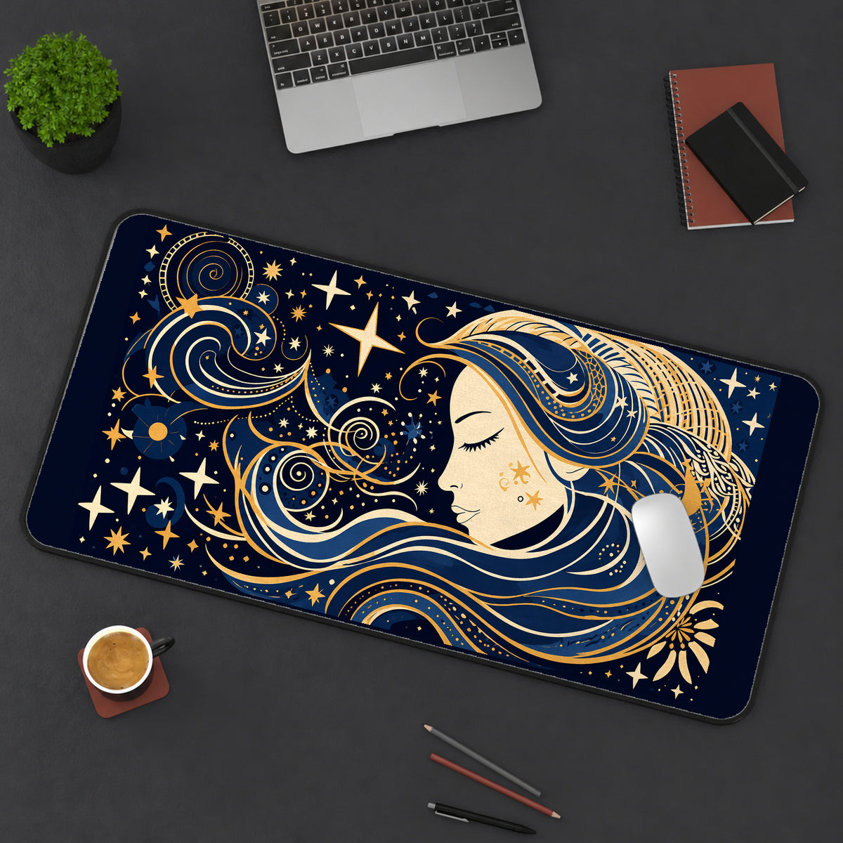 Celestial Woman in Gold Line Art desk mat — product mockup 3