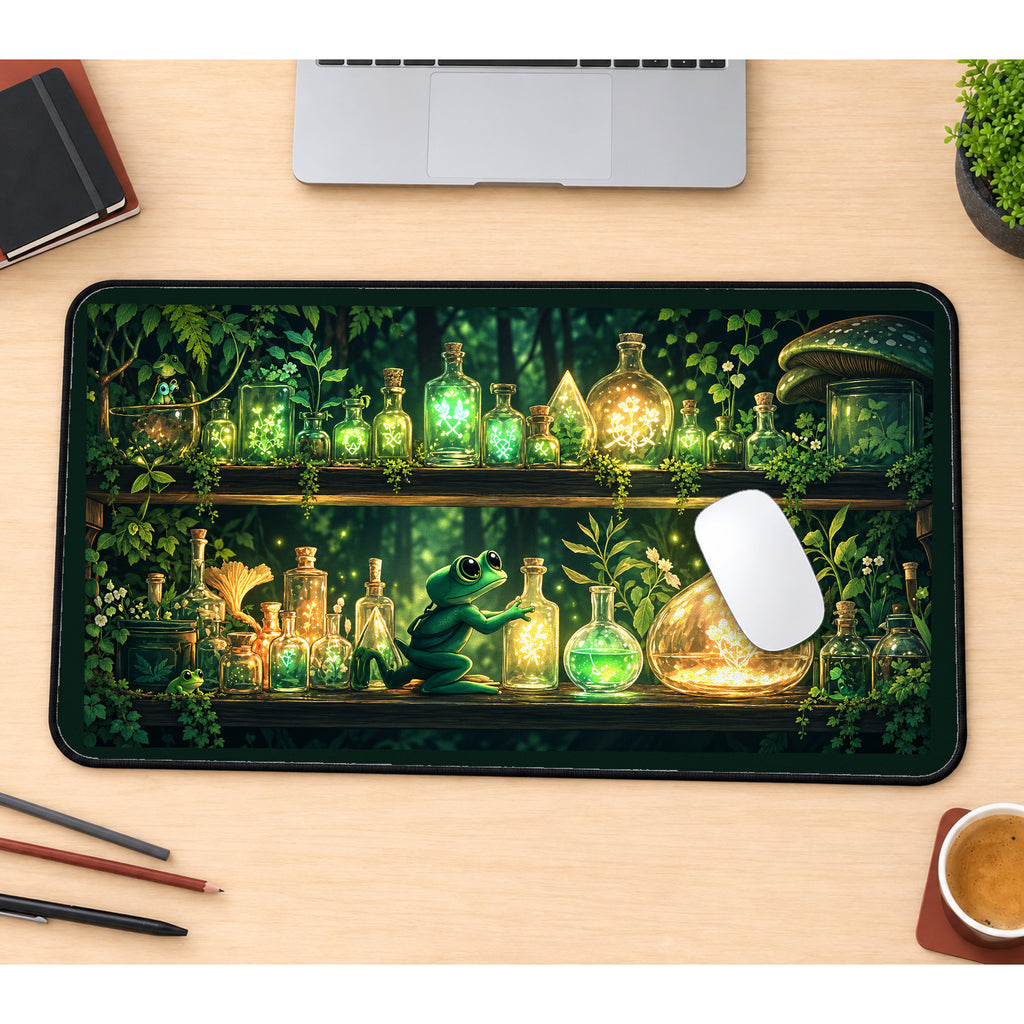 Frog Among Glowing Green Potions desk mat — product mockup 1