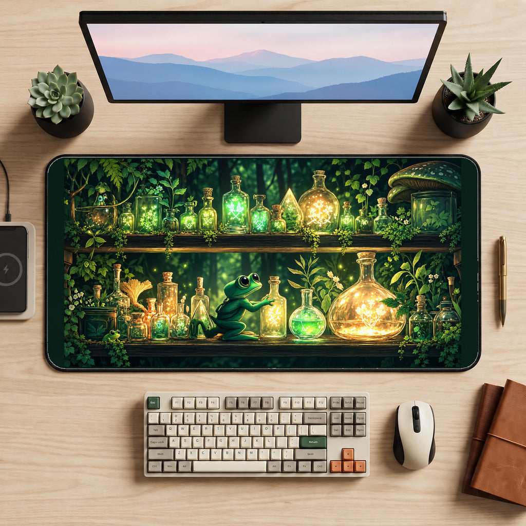 Frog Among Glowing Green Potions desk mat — product mockup 2