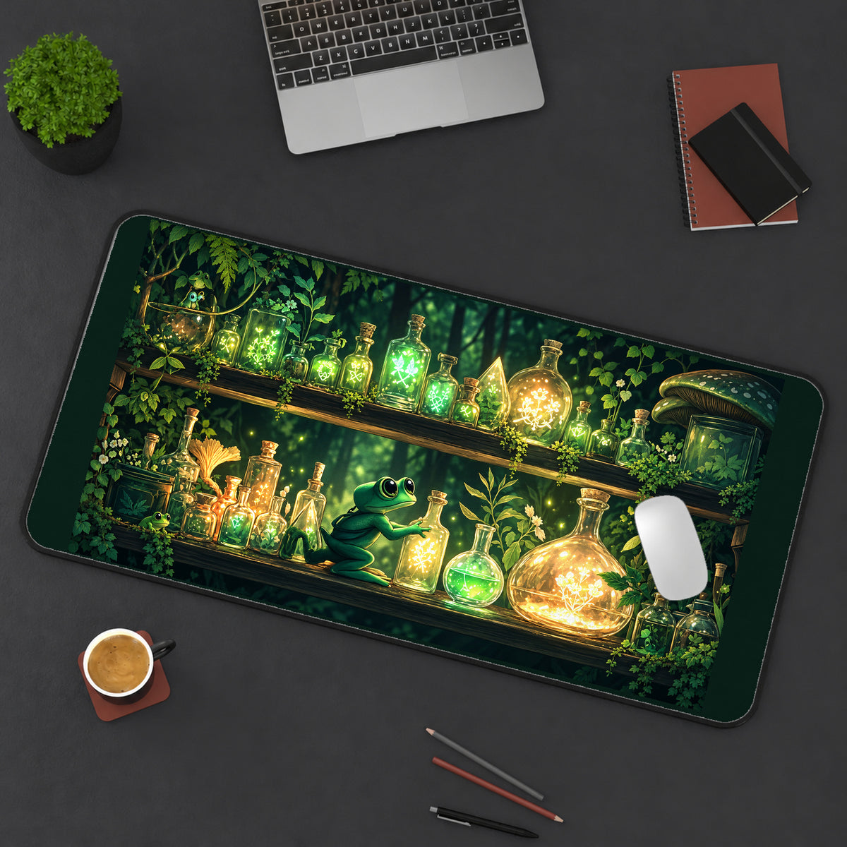 Frog Among Glowing Green Potions desk mat — product mockup 3