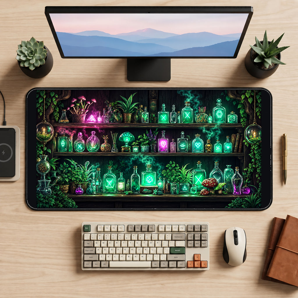 Jewel Toned Apothecary Shelves desk mat — product mockup 2