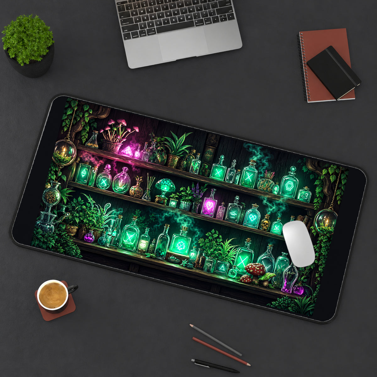 Jewel Toned Apothecary Shelves desk mat — product mockup 3