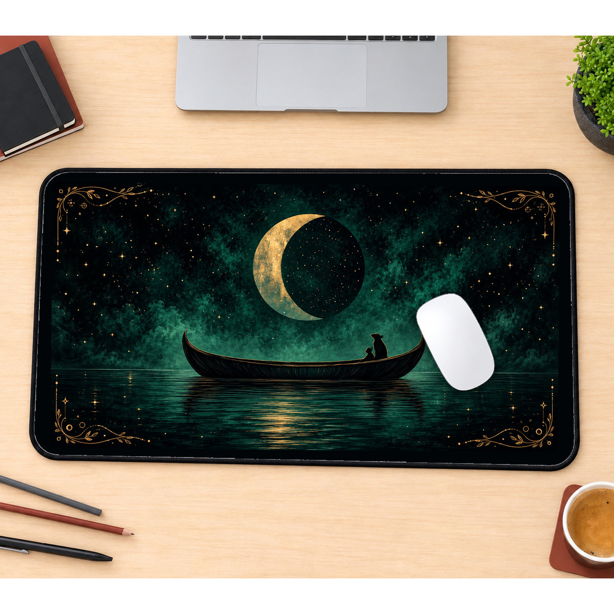 Crescent Moon over a Cat Boat desk mat — product mockup 1