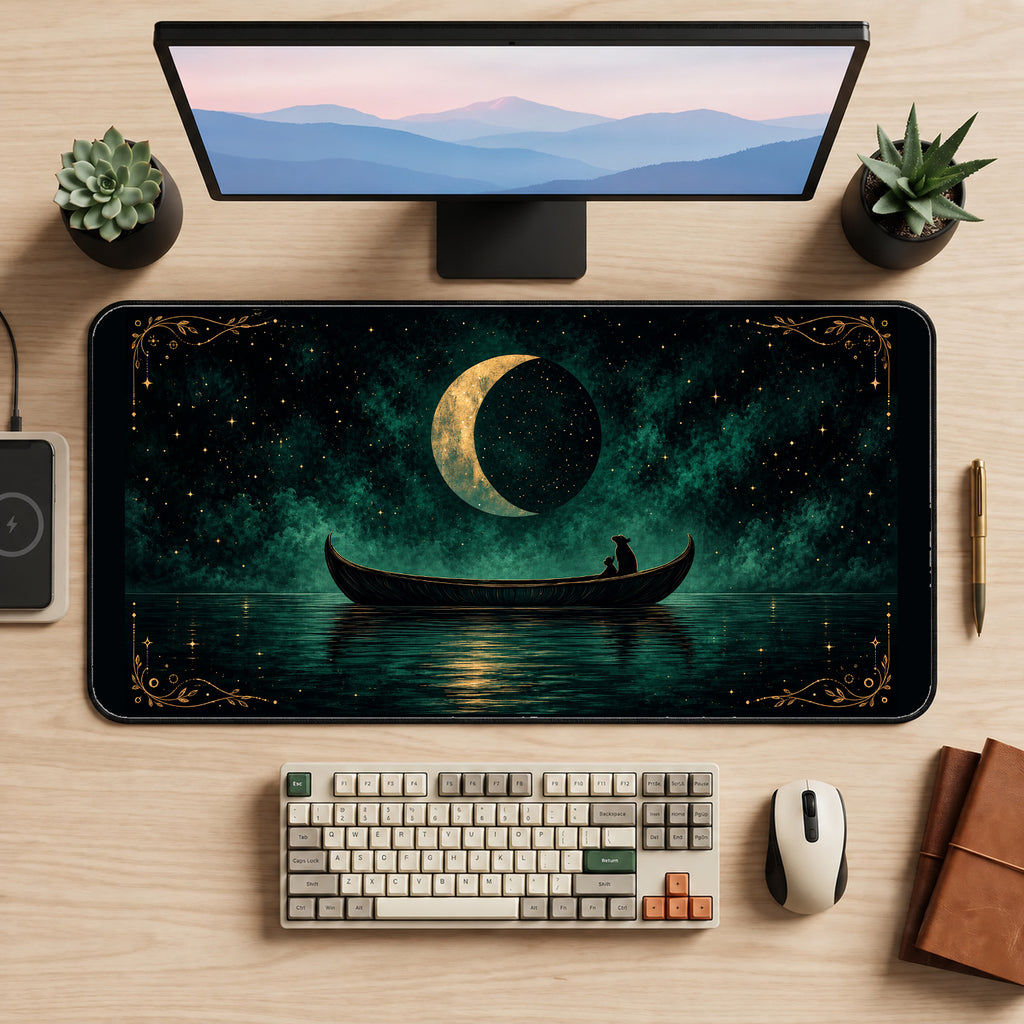 Crescent Moon over a Cat Boat desk mat — product mockup 2