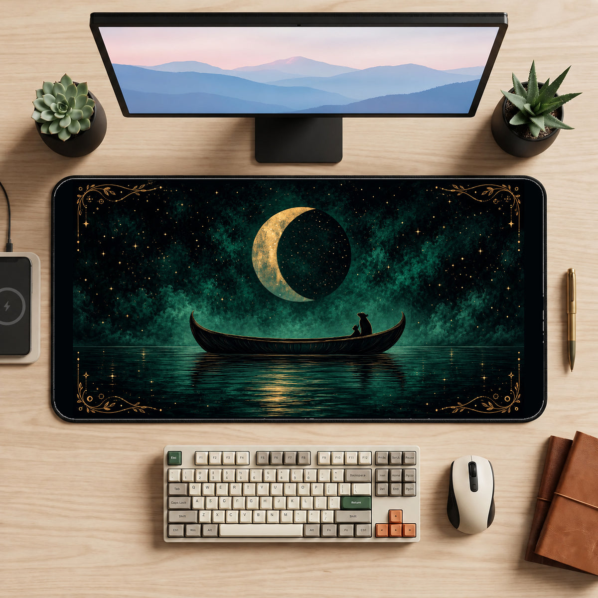 Crescent Moon over a Cat Boat desk mat — product mockup 2