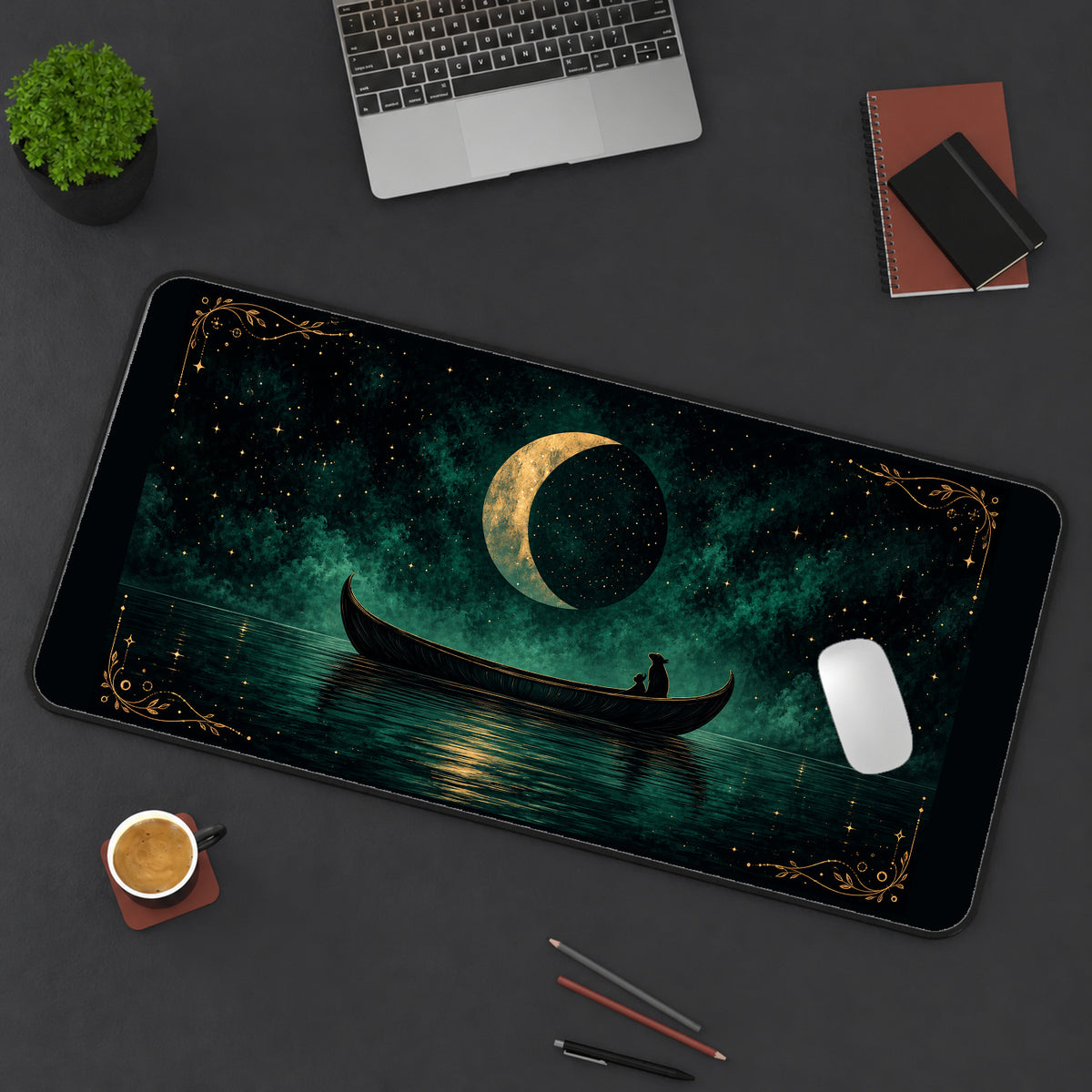 Crescent Moon over a Cat Boat desk mat — product mockup 3