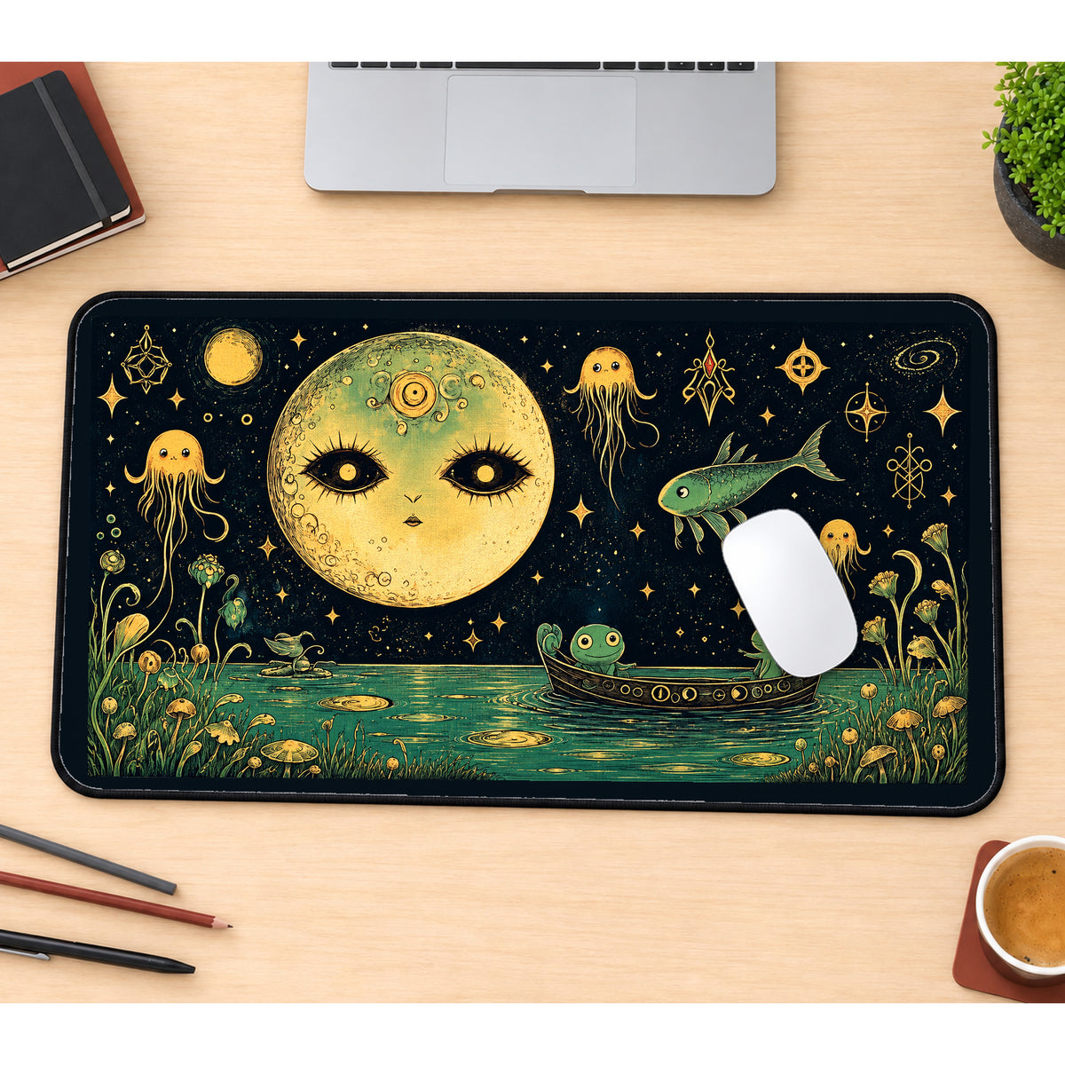 Moon Face and Floating Jellyfish desk mat — product mockup 1