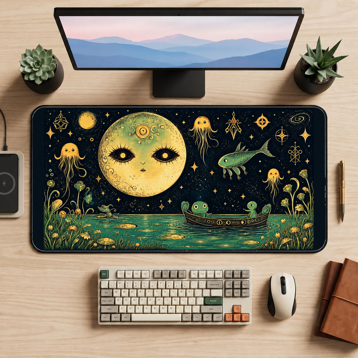 Moon Face and Floating Jellyfish desk mat — product mockup 2