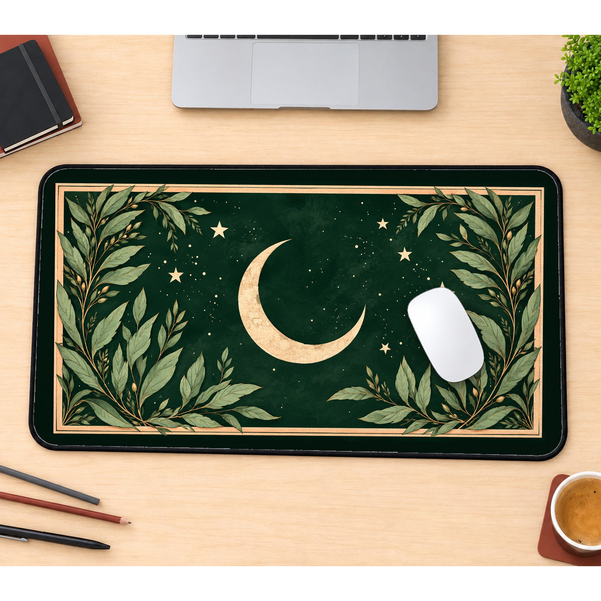 Crescent Moon Botanical Frame desk mat — product mockup 1