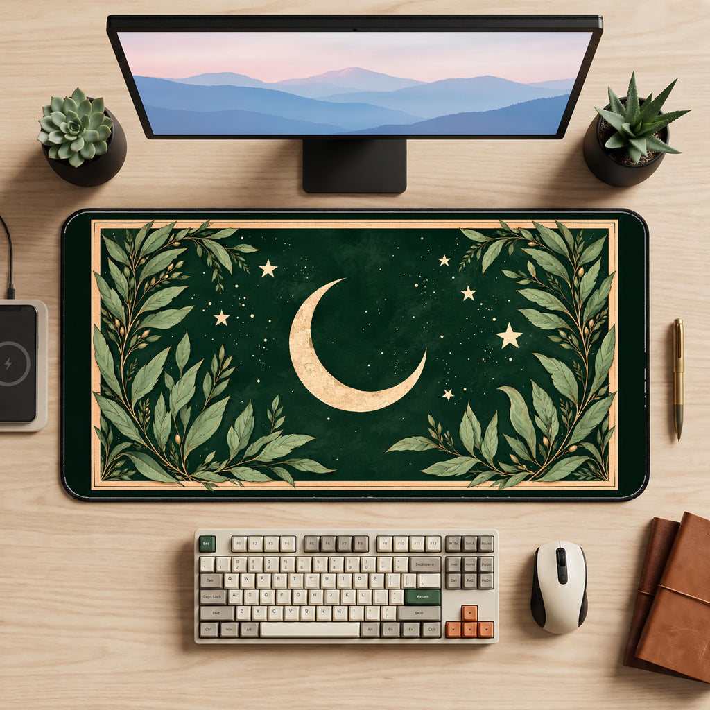Crescent Moon Botanical Frame desk mat — product mockup 2