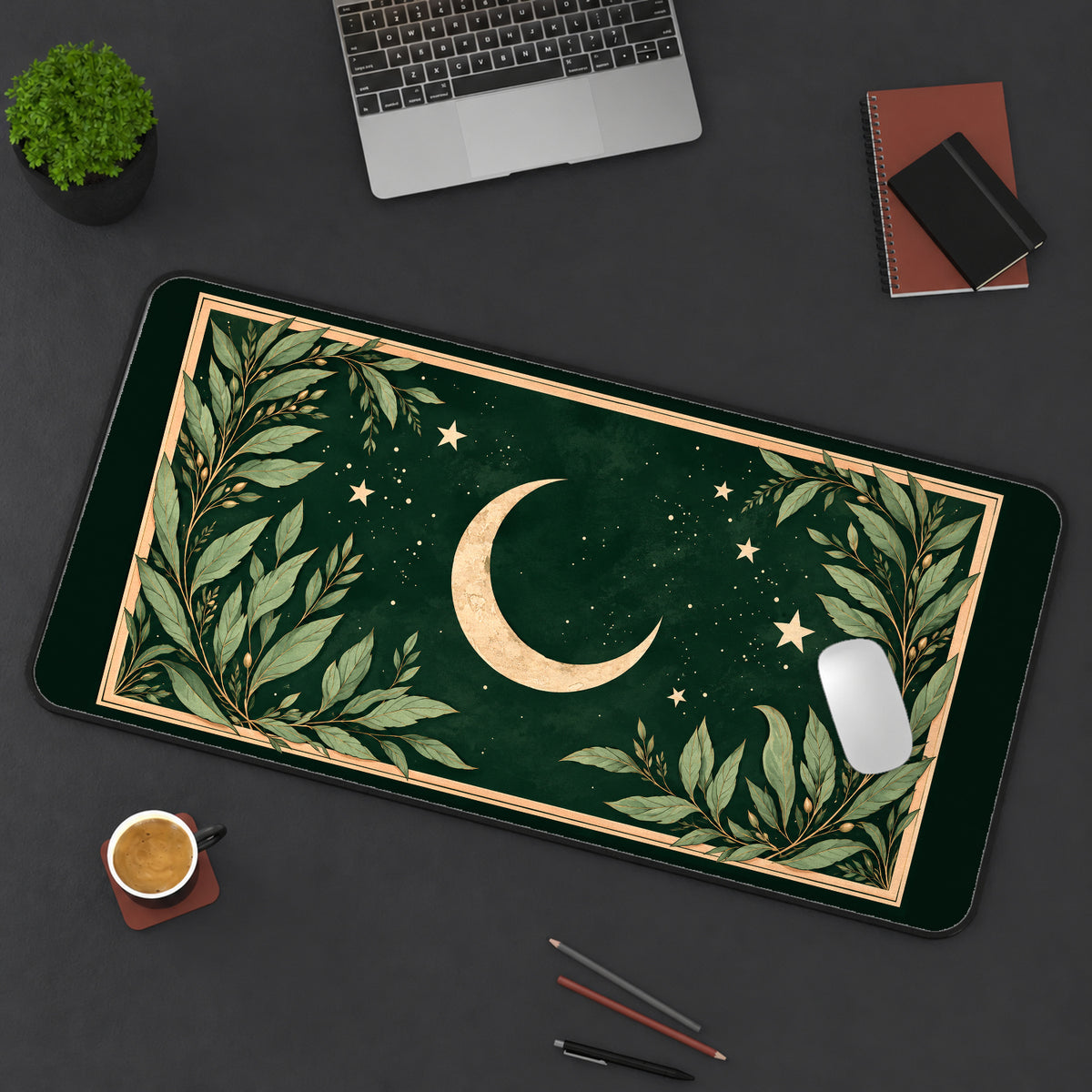 Crescent Moon Botanical Frame desk mat — product mockup 3