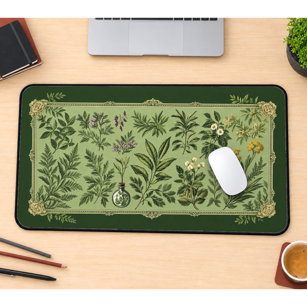 Green Botanical Herbarium Frame desk mat — product mockup 1