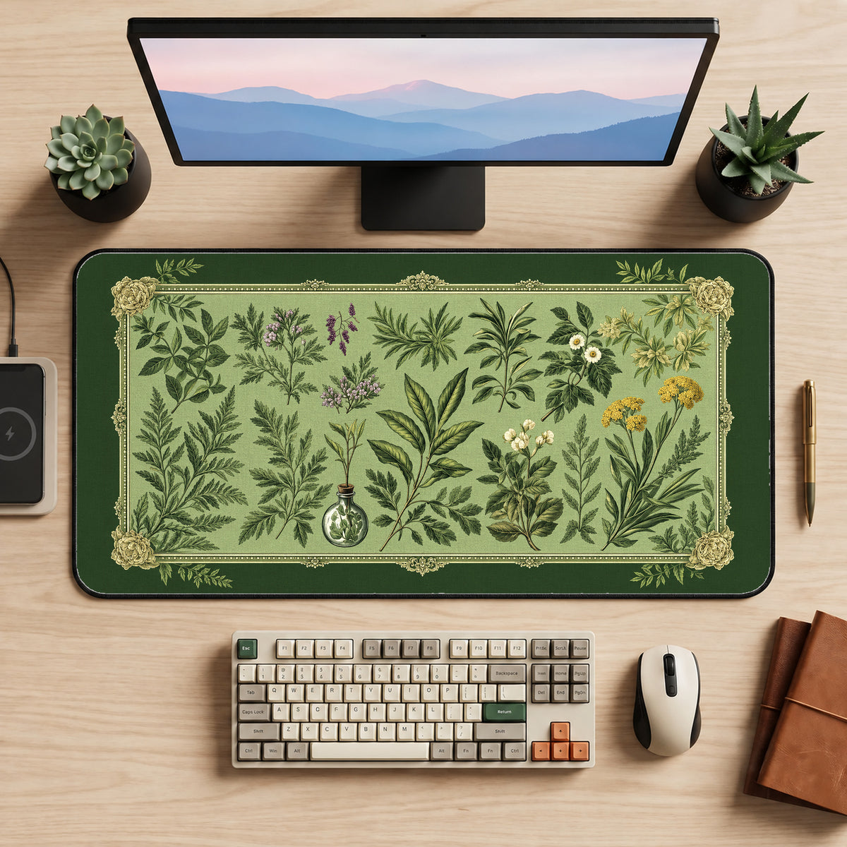 Green Botanical Herbarium Frame desk mat — product mockup 2