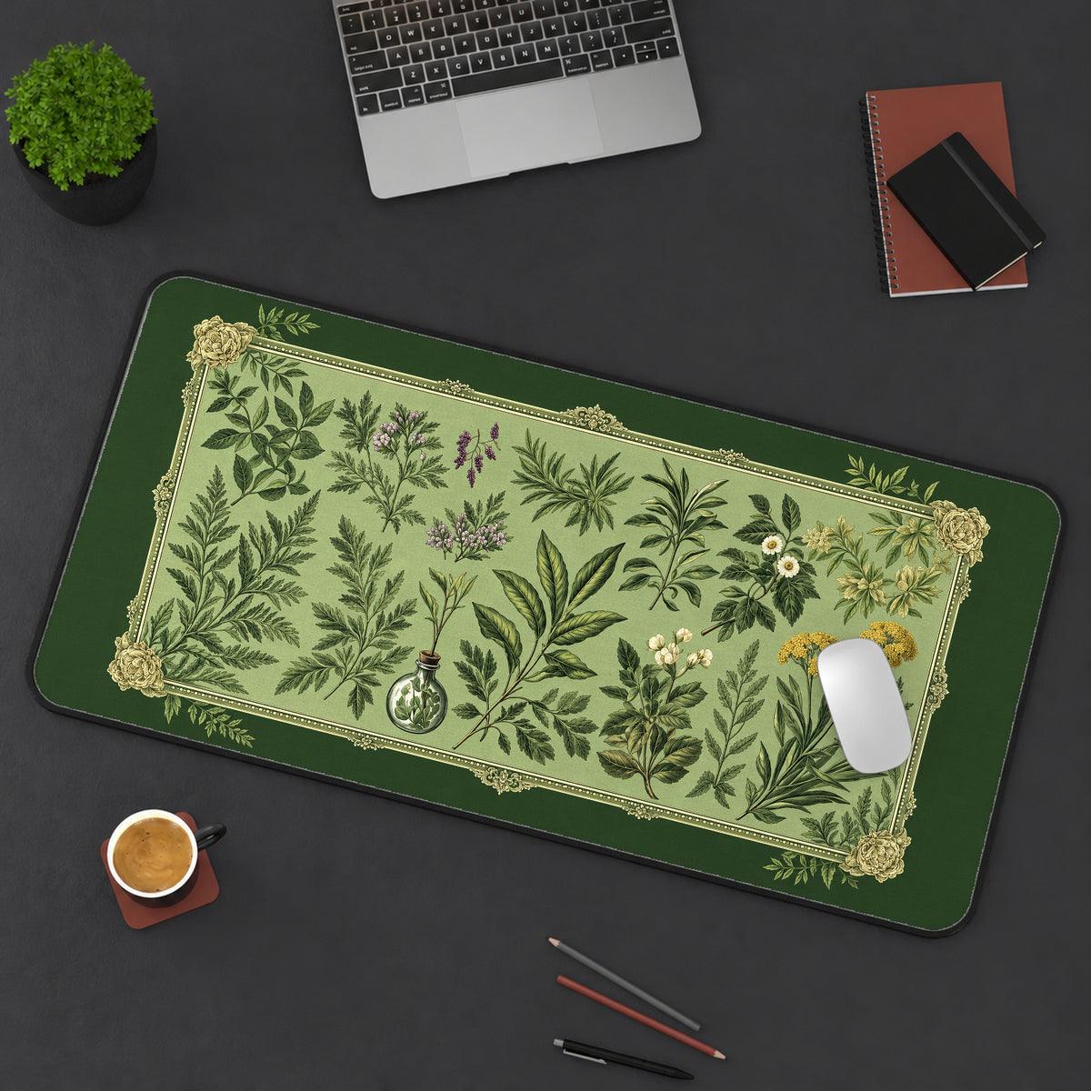 Green Botanical Herbarium Frame desk mat — product mockup 3