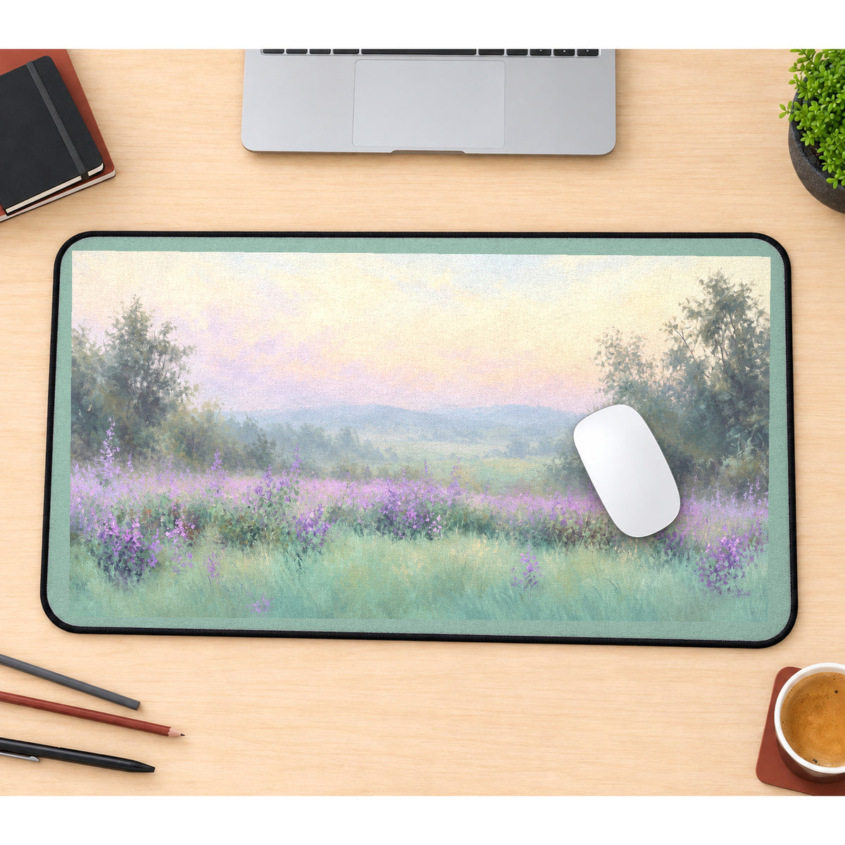 Soft Lavender Field at Dawn desk mat — product mockup 1