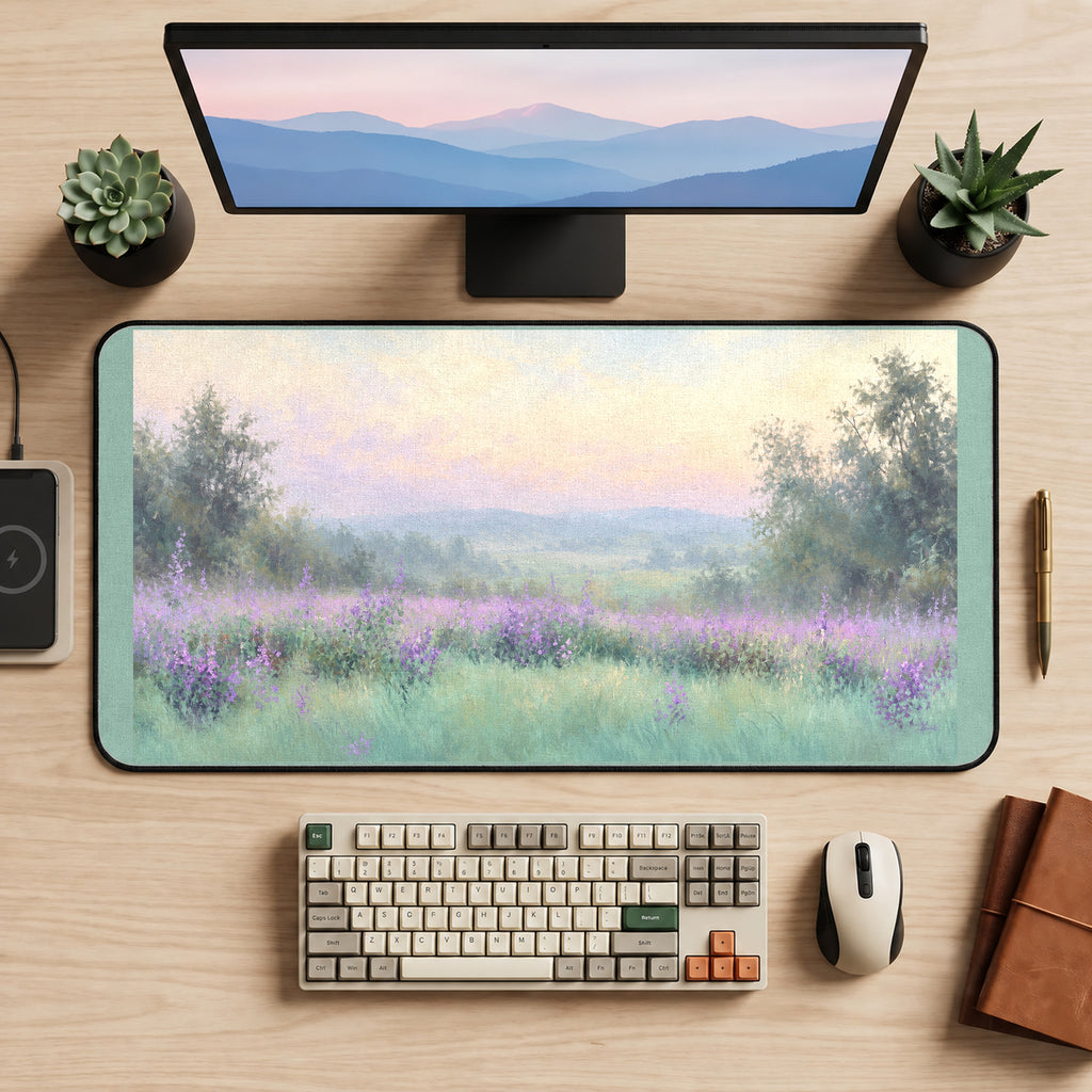 Soft Lavender Field at Dawn desk mat — product mockup 2