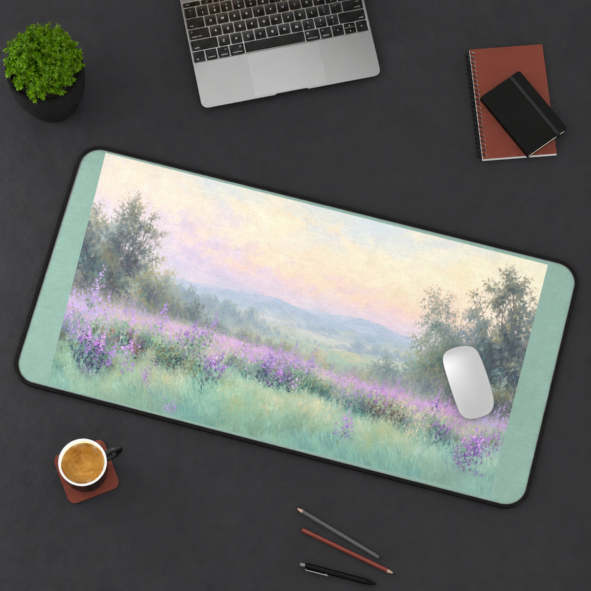 Soft Lavender Field at Dawn desk mat — product mockup 3