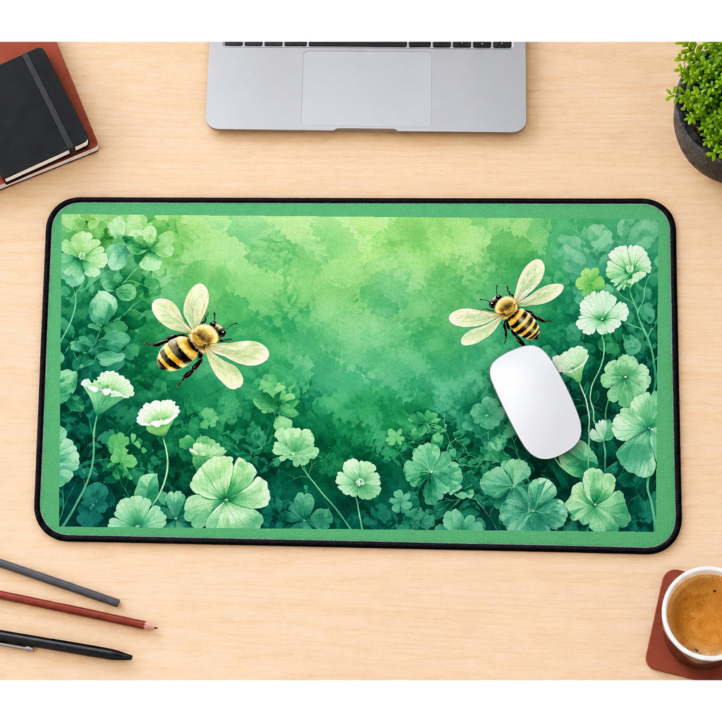 Bees in a Green Clover Garden desk mat — product mockup 1