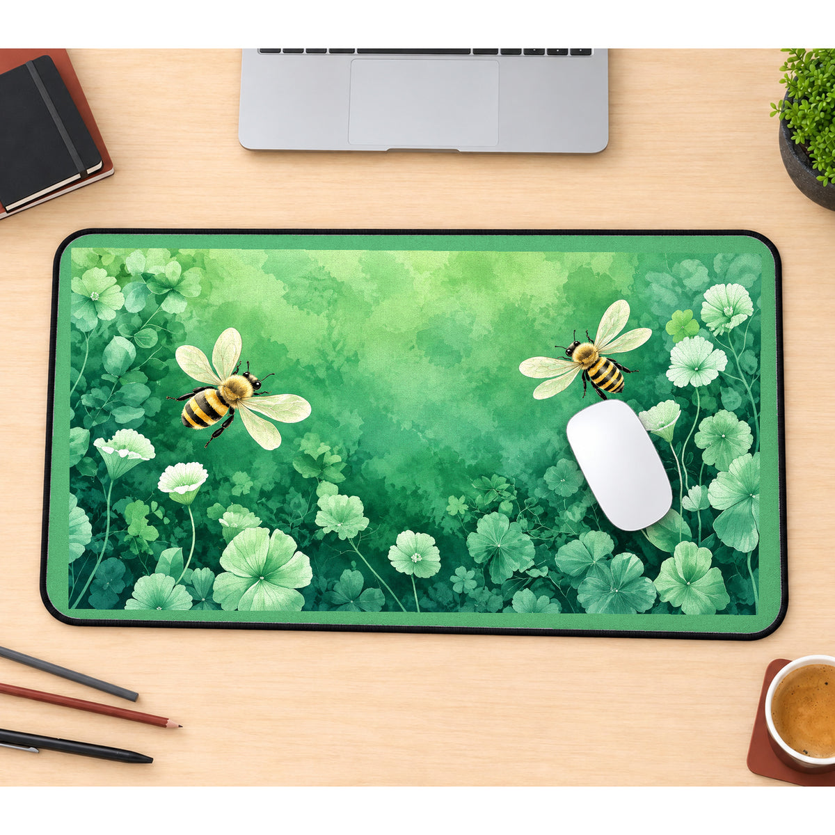 Bees in a Green Clover Garden desk mat — product mockup 1
