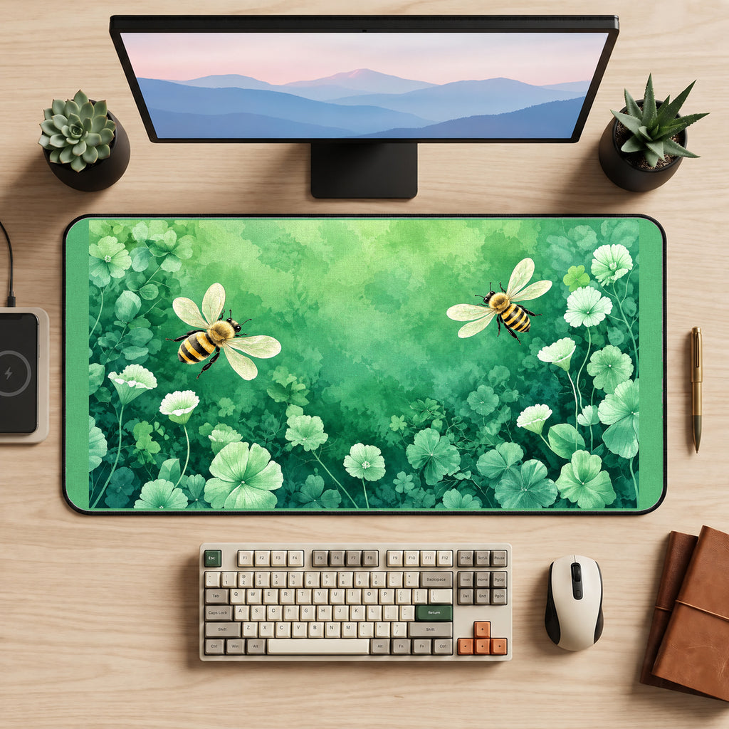 Bees in a Green Clover Garden desk mat — product mockup 2