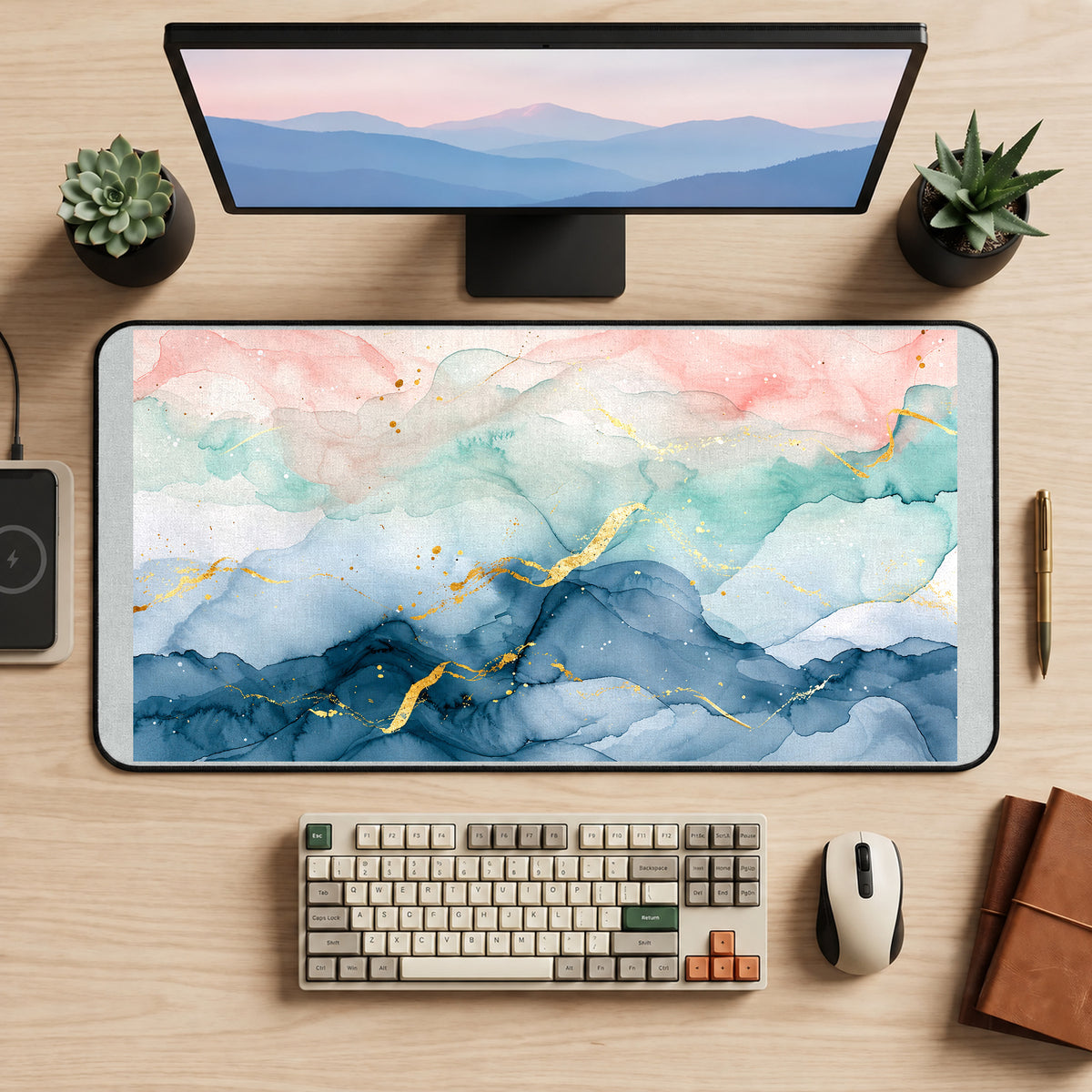 Pastel Blue and Pink Marble desk mat — product mockup 2