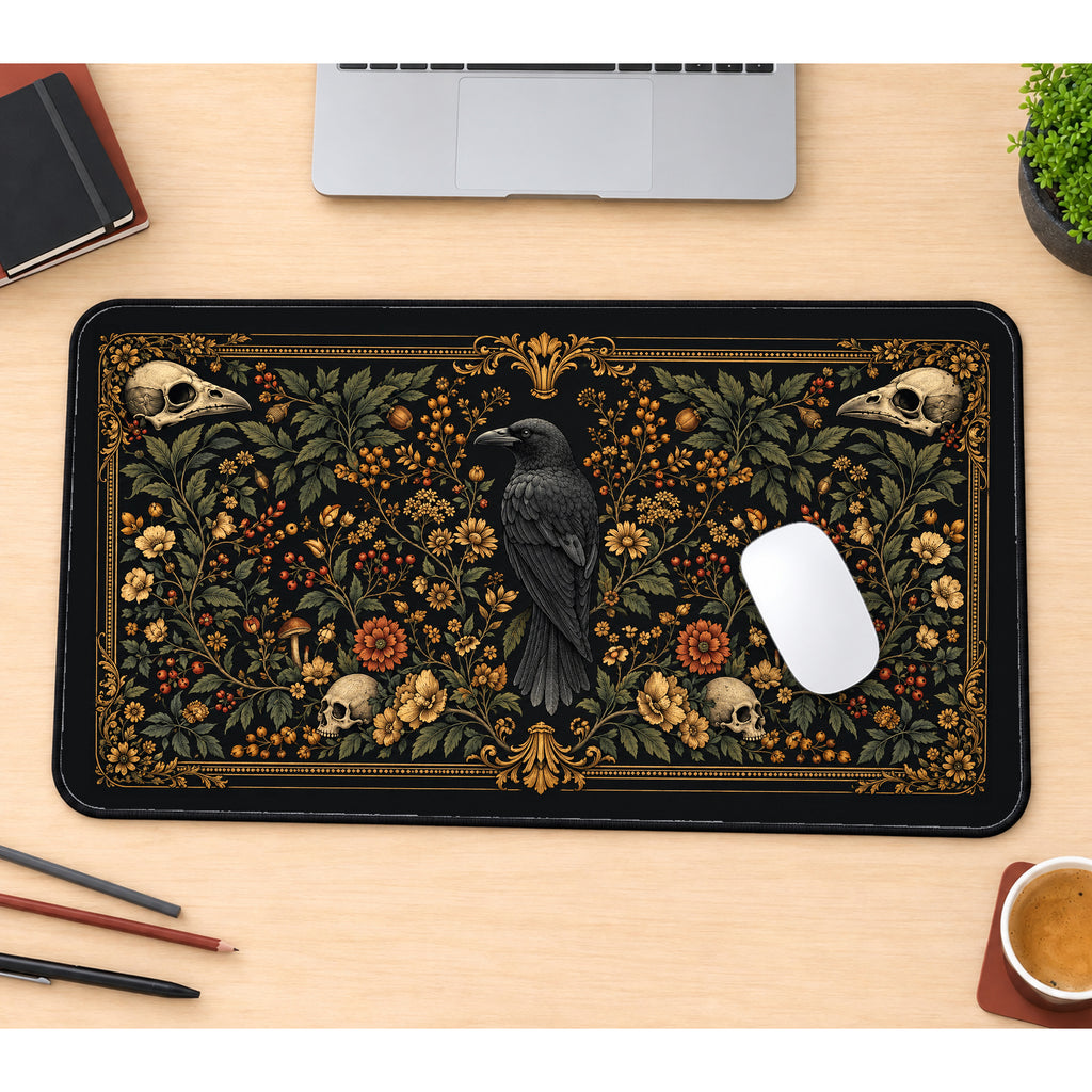 Raven and Skulls Botanical Panel desk mat — product mockup 1