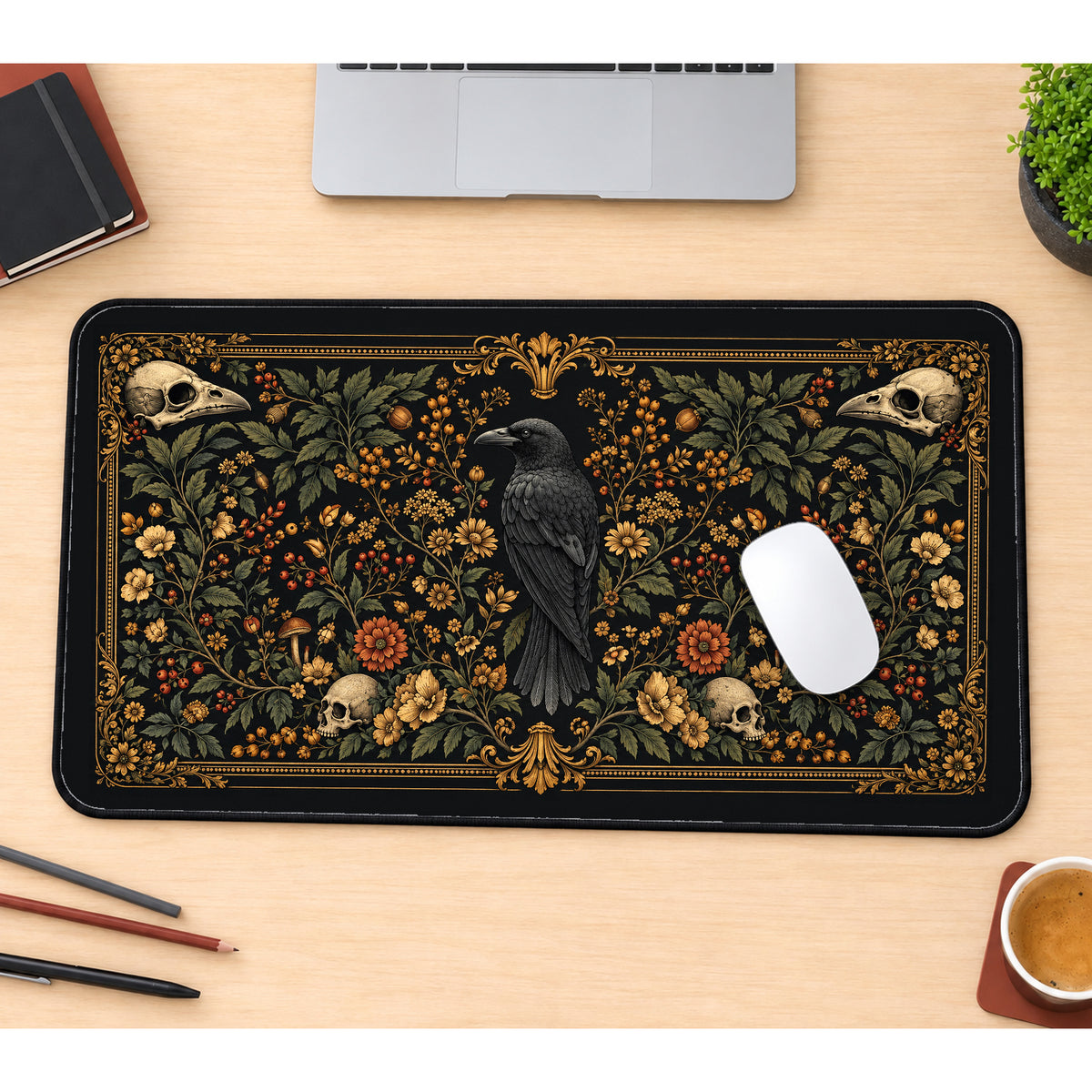 Raven and Skulls Botanical Panel desk mat — product mockup 1