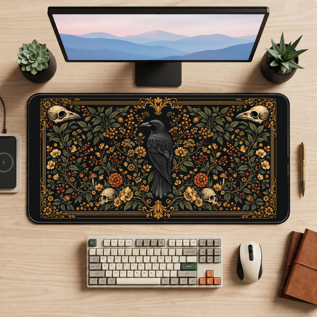 Raven and Skulls Botanical Panel desk mat — product mockup 2