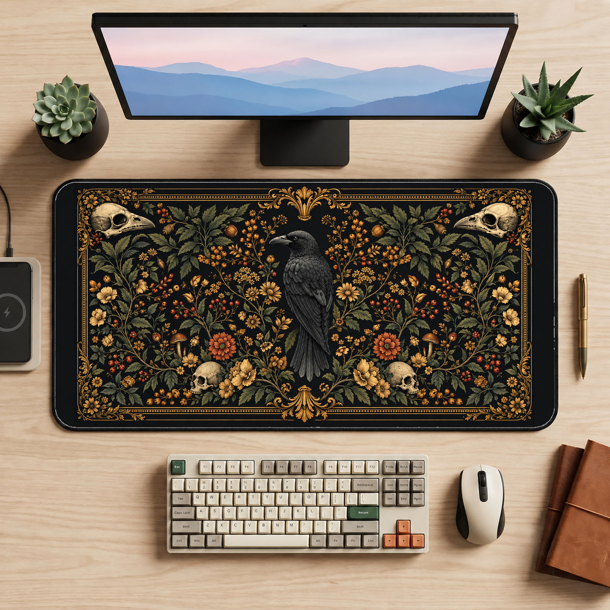 Raven and Skulls Botanical Panel desk mat — product mockup 2