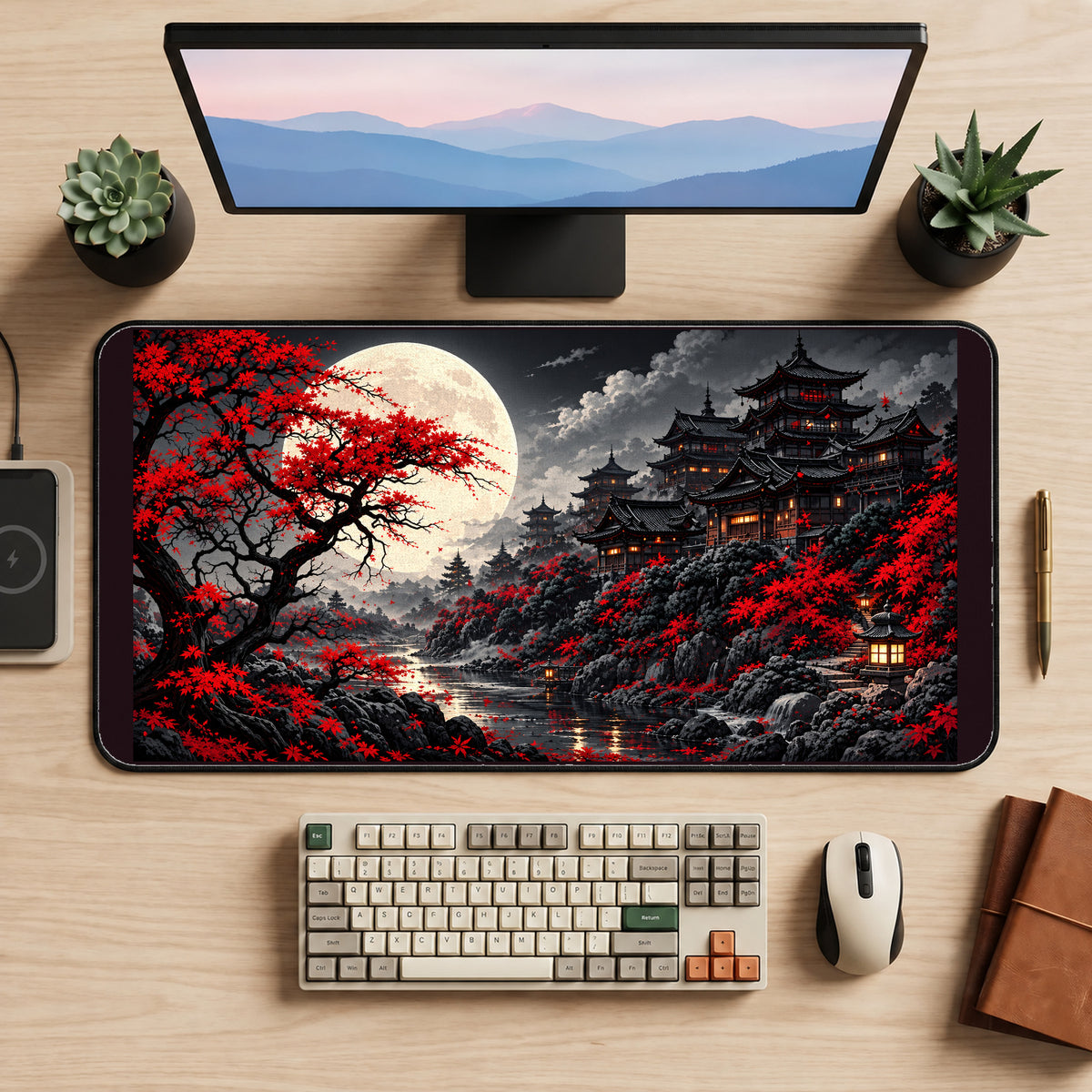 Red Maple Moonlit Pagodas desk mat — product mockup 2